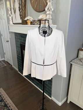 Women's White Peplum Jacket with Black Trim
